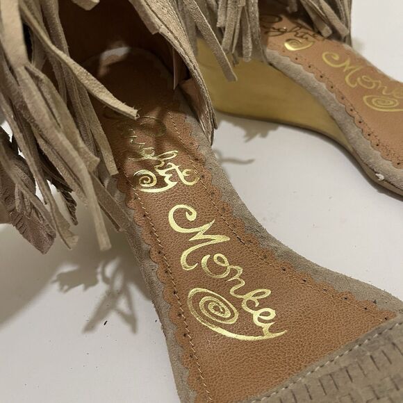 Naughty Monkey Tan Suede Ankle Strap Fringe Open Toe Wedge Shoes Womens 9.5 - Picture 11 of 13
